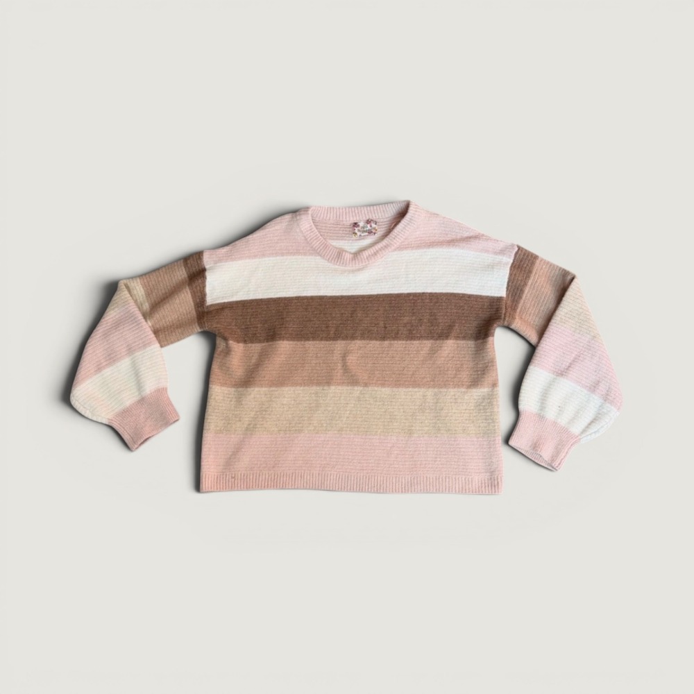 Pink Republic Striped Rib Knit Crewneck Sweater Pink Brown Cream Large